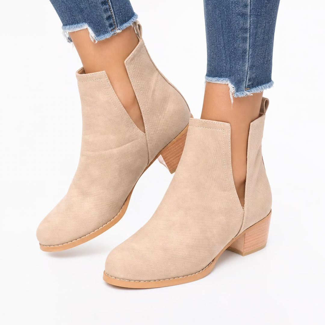 Tan Snakeskin Embossed V-Cut Side Slit Ankle Booties Block Heel Size 9.5