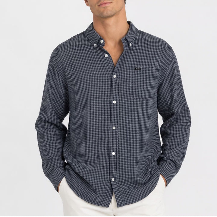 RVCA Mens XXL Slim Fit Houndstooth Button Down Shirt Navy Blue Grey