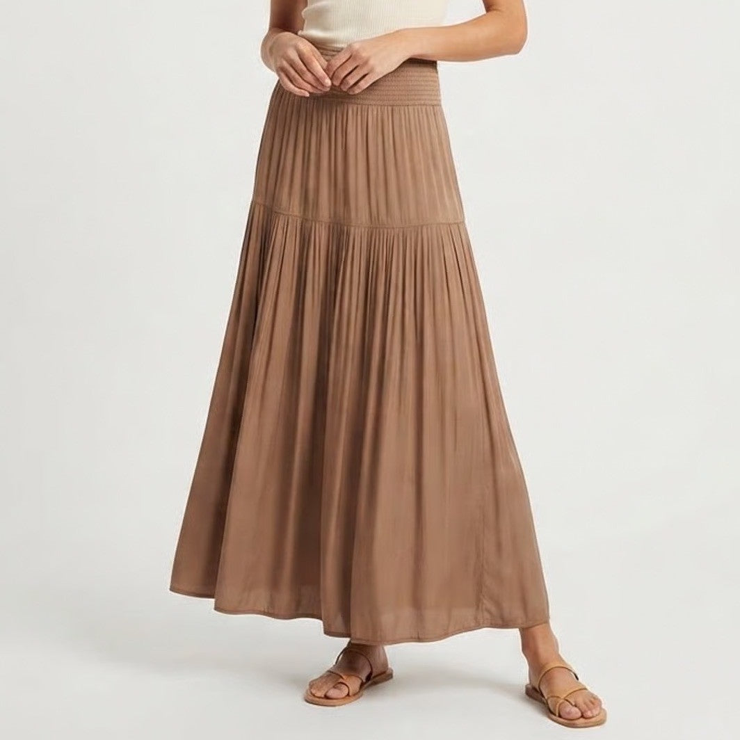 Rachel Zoe Brown Tiered Maxi Skirt Smocked Waist Pleated Boho XS