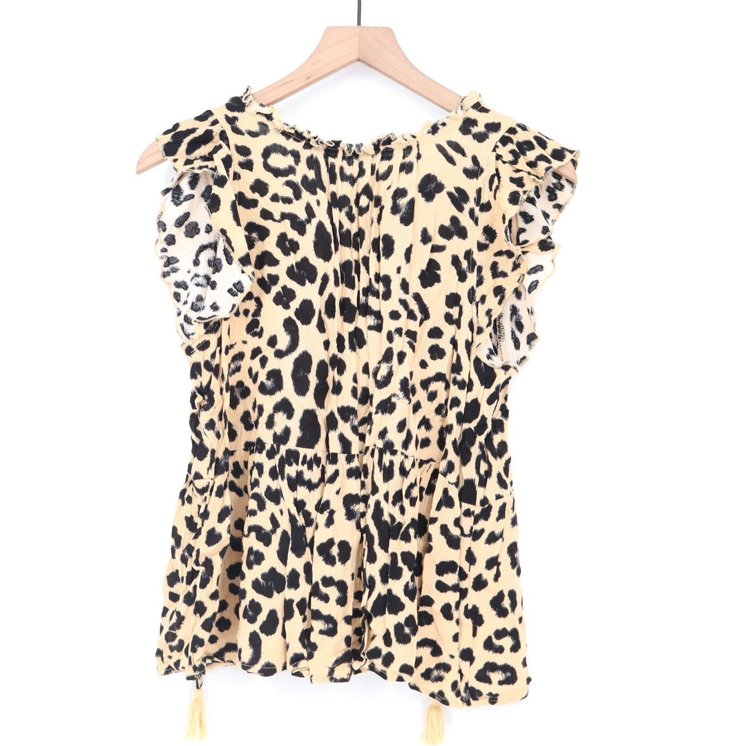 Main Strip Leopard Print Peplum Blouse Tan Black Ruffle Sleeve Tassel M