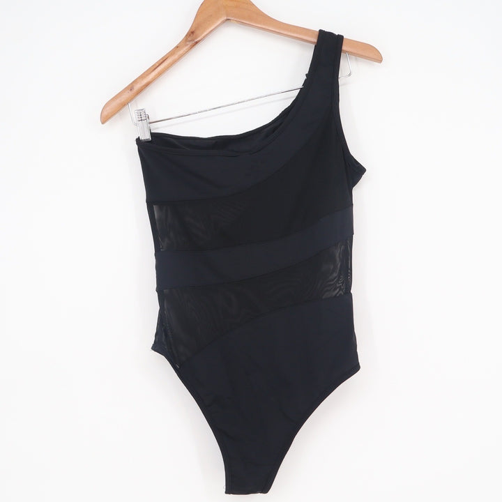 Cider Black One Shoulder Mesh Panel One Piece Swimsuit Size M