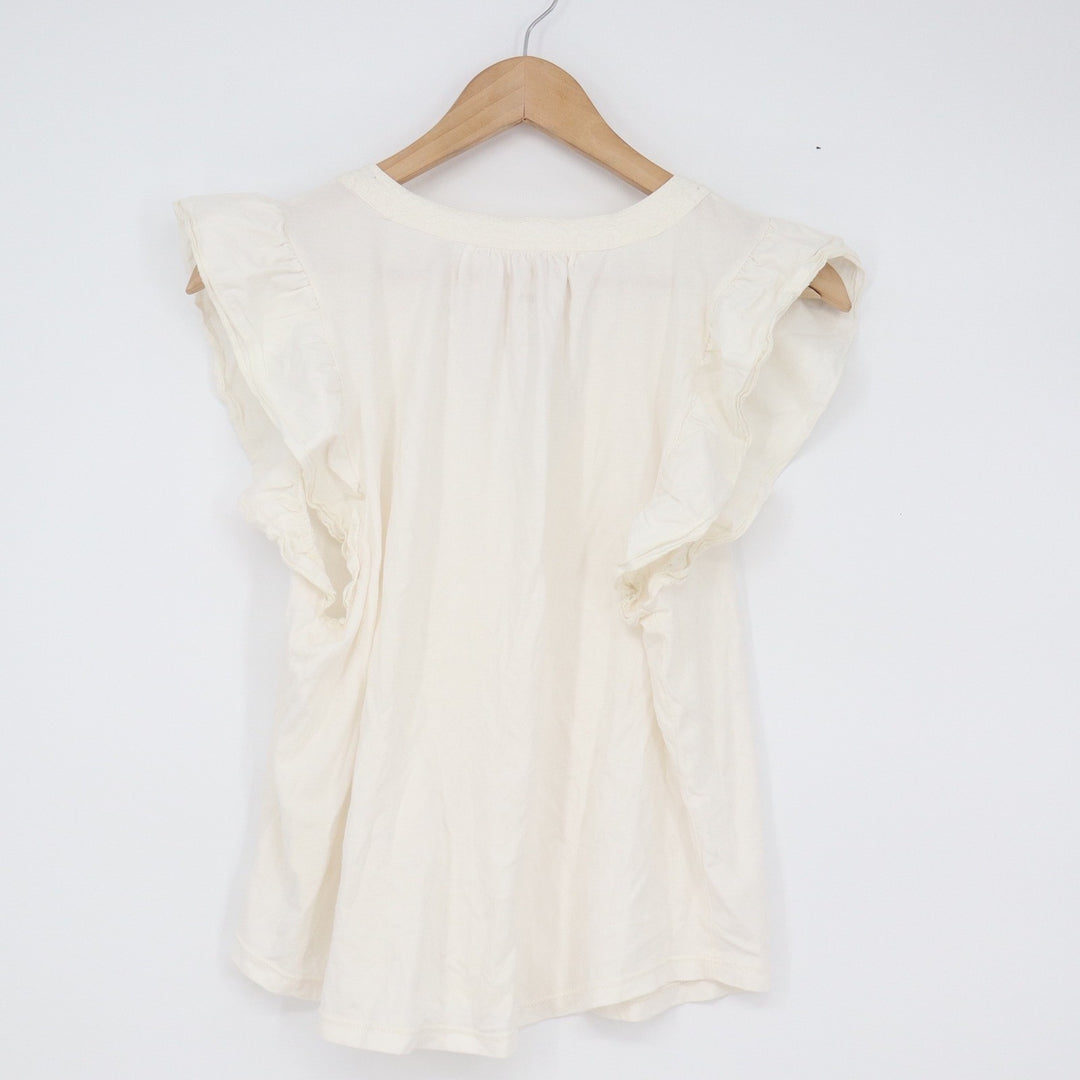 Maeve by Anthropologie Cream Cotton Flutter Sleeve V-Neck Blouse Medium