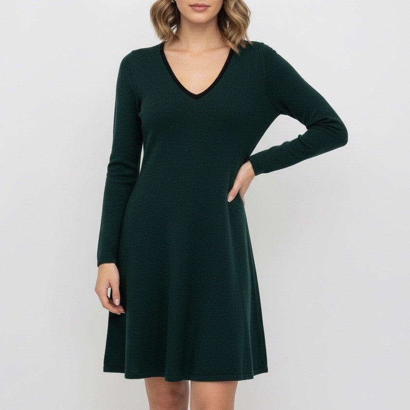 BCX Dress Long Sleeve V Neck Green Plaid Sweater Dress Size S