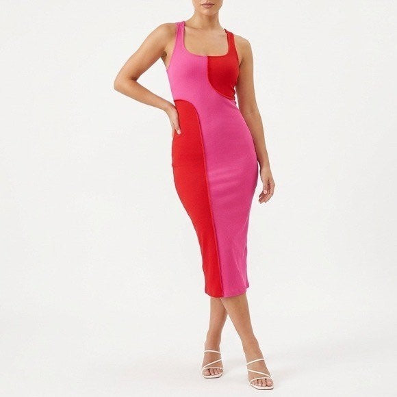 Naked Wardrobe Pink Red Colorblock Ribbed Midi Bodycon Dress M