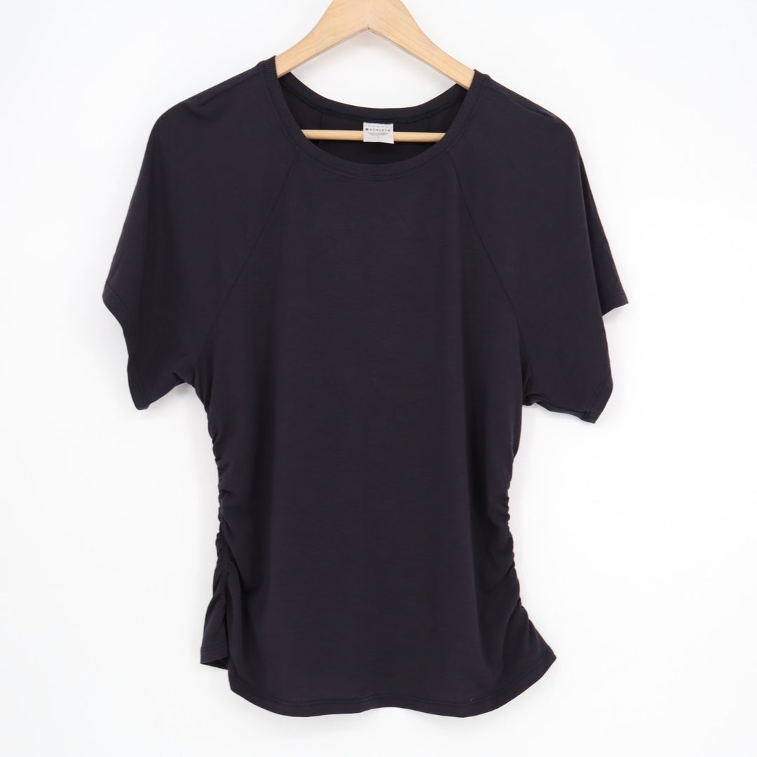 Athleta T-Shirt Women Medium Black Nylon Ruched Raglan Short Sleeve Crew Neck