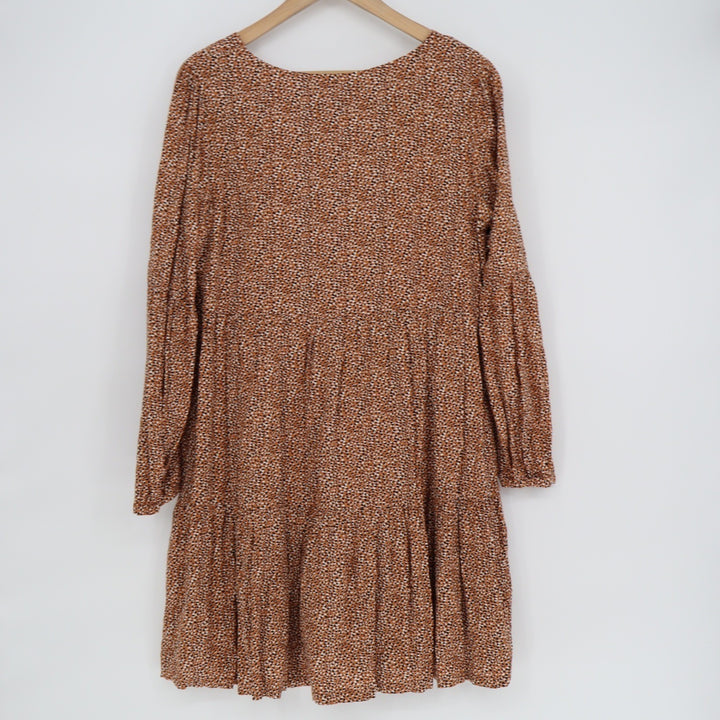 Tahari Terracotta Animal Print Tiered Babydoll V-Neck Mini Dress Mens Size M