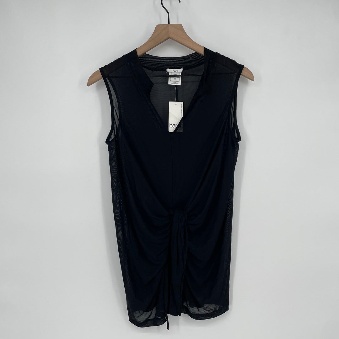 Bar III Black Mesh V Neck Ruched Front Sleeveless Top XS