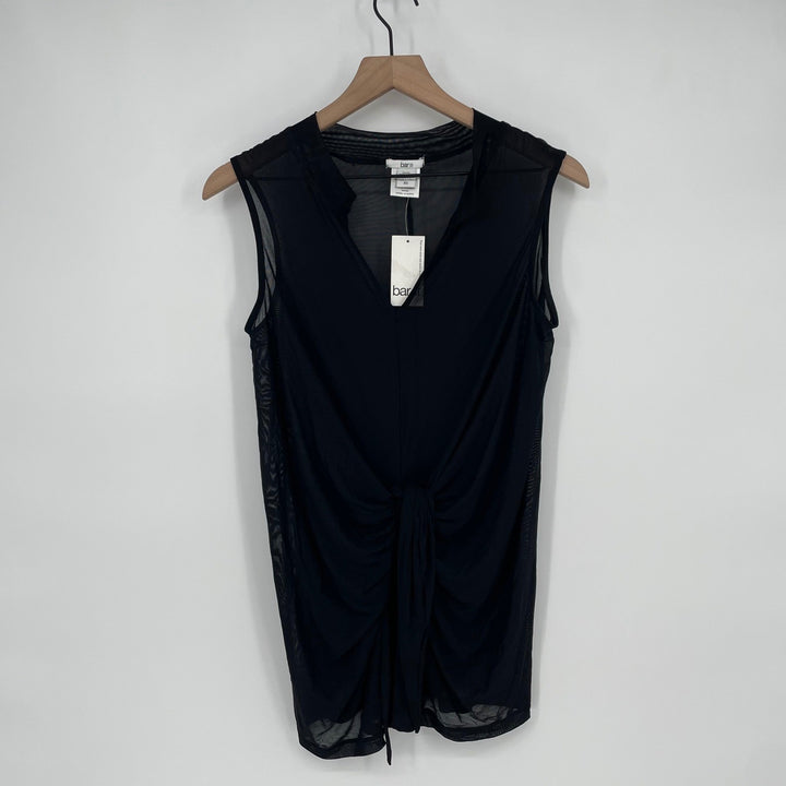 Bar III Black Mesh V Neck Ruched Front Sleeveless Top XS