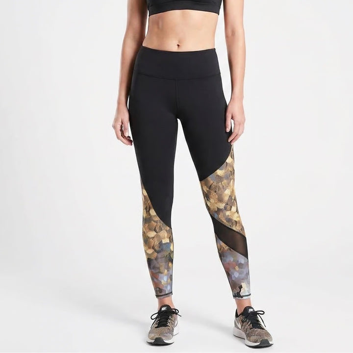 Athleta Womens Black Gold Mosaic Honeycomb Mesh Panel Leggings Large