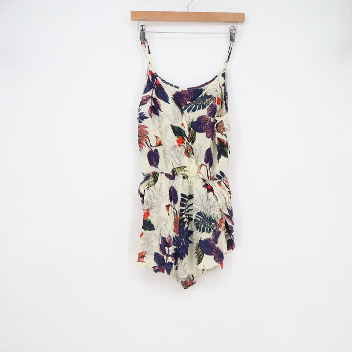 Tropical Floral Rayon Romper Jumpsuit Cream Navy Medium