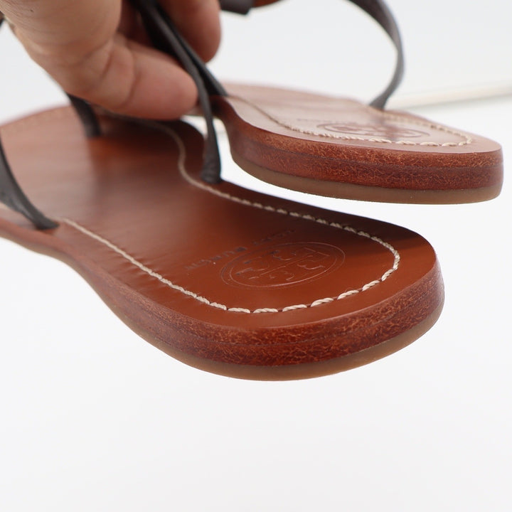 Tory Burch Sandals Womens 8 Miller Thong Flip Flop Gray Leather Logo Excellent