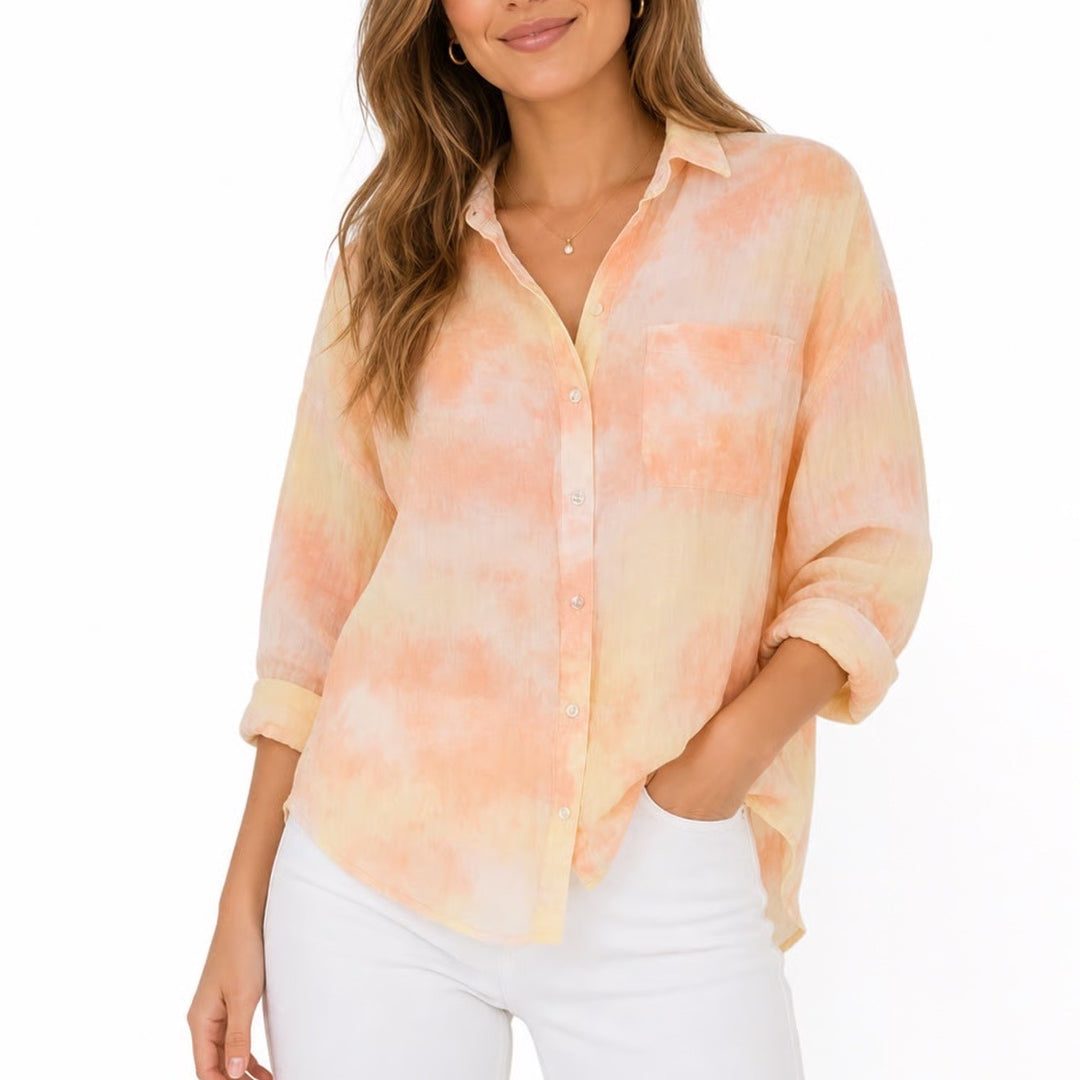 Old Navy The Boyfriend Shirt XL Orange Yellow Tie Dye Cotton Rayon Button Down