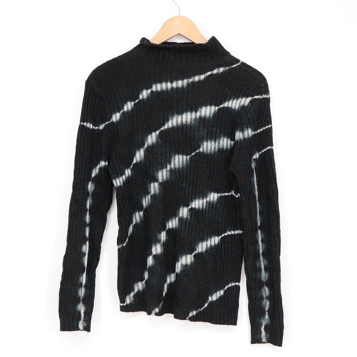 Black Tie Dye Striped Ribbed Mock Neck Sweater Long Sleeve Grunge Alt Top