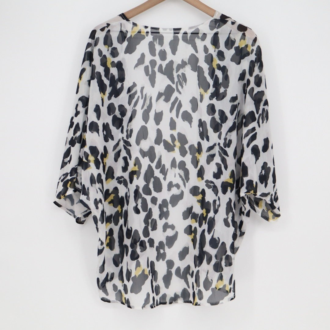 Kimono Cardigan Womens White Black Leopard Print Sheer Open Front Long Sleeve