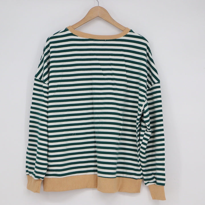 BTFBM Green White Striped Crewneck Sweatshirt Large Tan Trim
