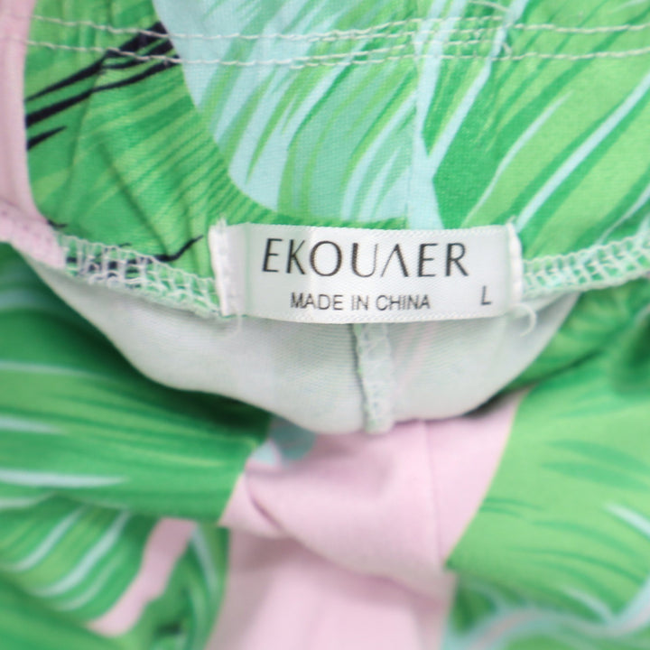 Ekouaer Womens Pajama Set Large Green Pink Tropical Banana Leaf Print 2pc PJ