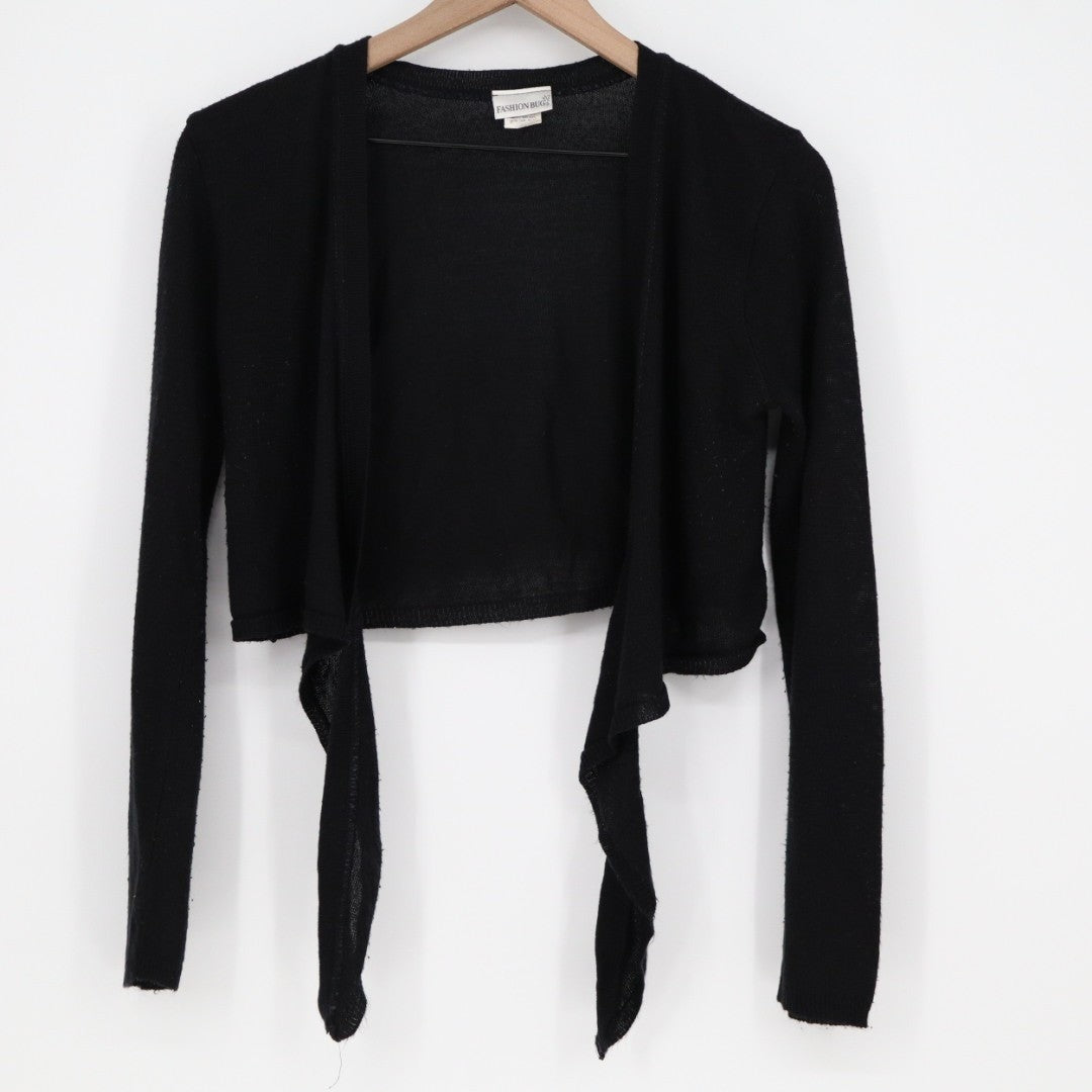 Fashion Bug Cardigan Sweater Womens Medium Black Knit Tie Front Crop Long Sleeve