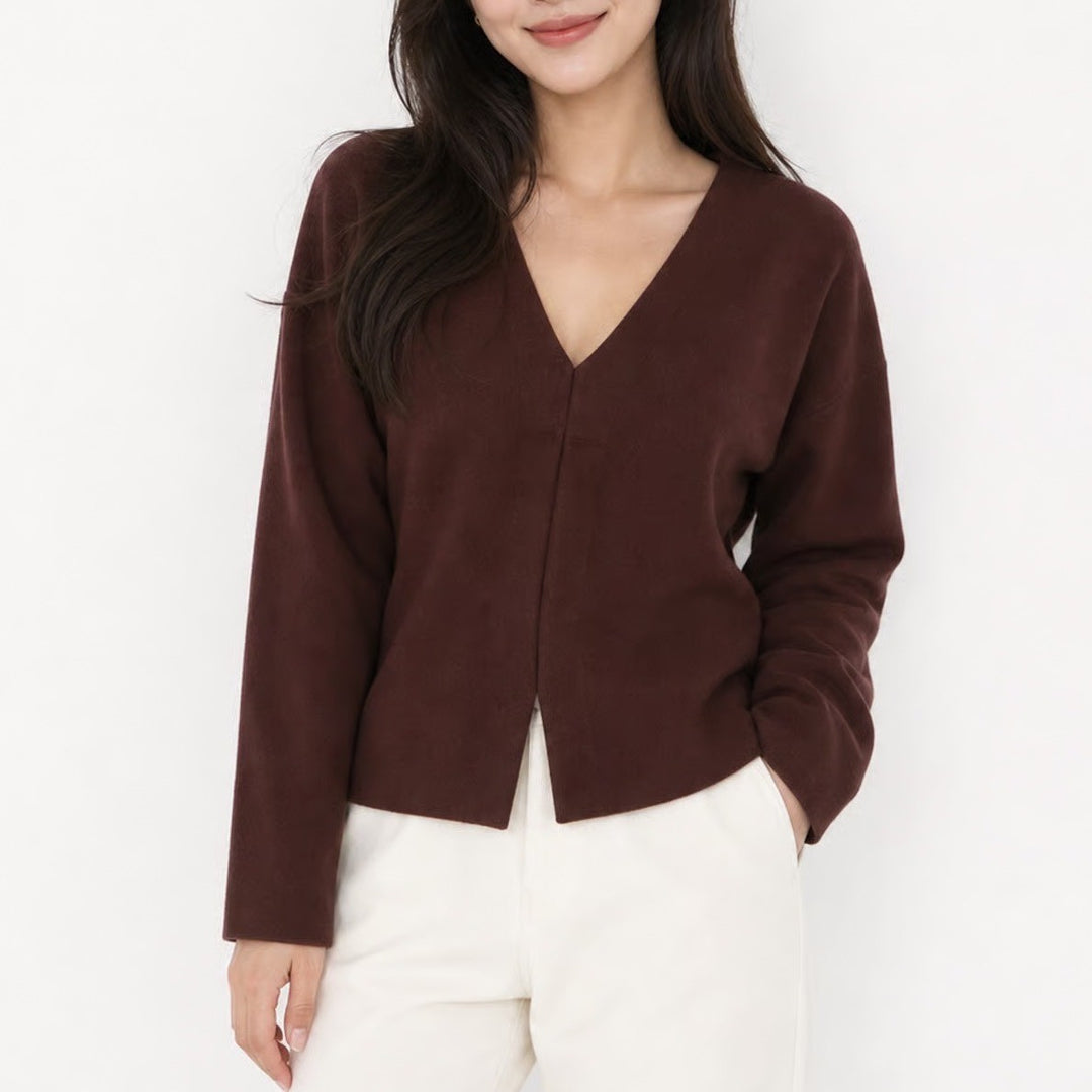 Coffee Brown Open Front V-Neck Knit Cardigan Size Large Minimalist Chic