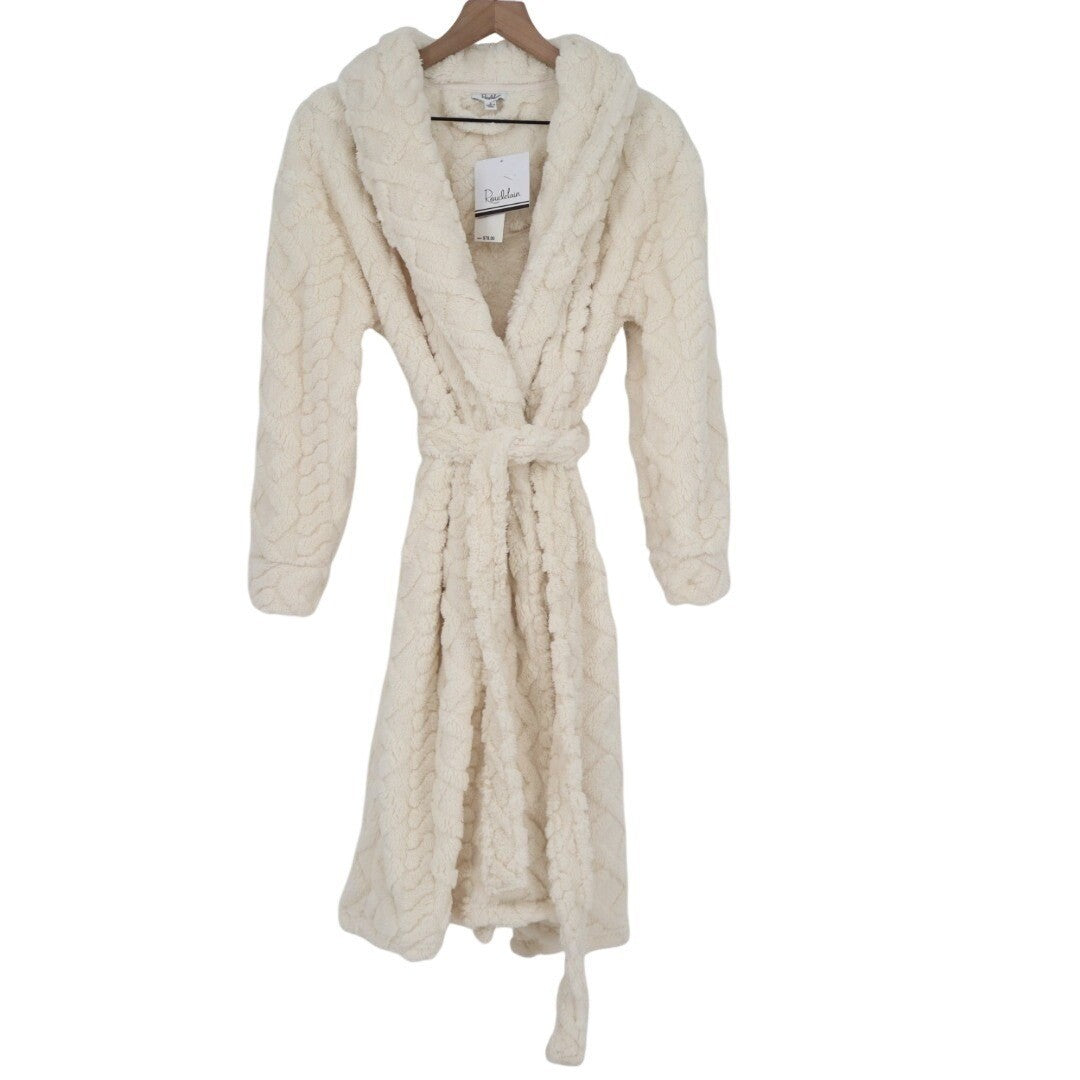 Roudelain Wrap Bathrobe Womens S White Fleece Cable Knit Shawl Collar Belt Waist