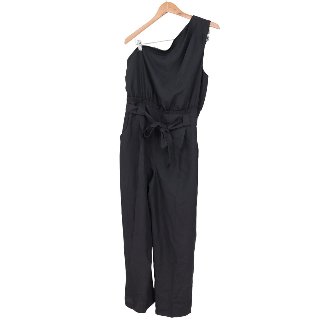 Express Womens Black One Shoulder Tie Waist Wide Leg Jumpsuit L