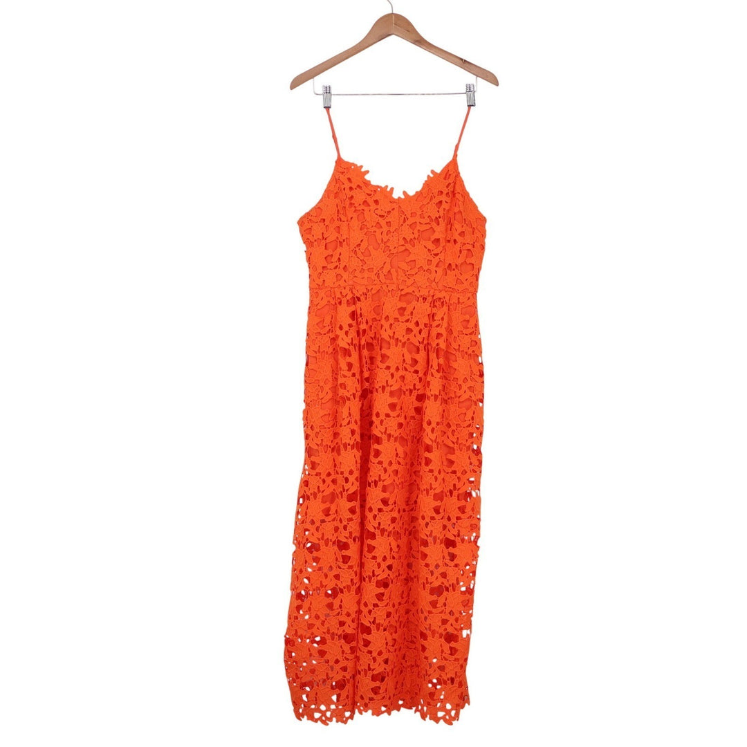 Endless Rose Orange Floral Guipure Lace Midi Dress Scalloped V-Neck Large
