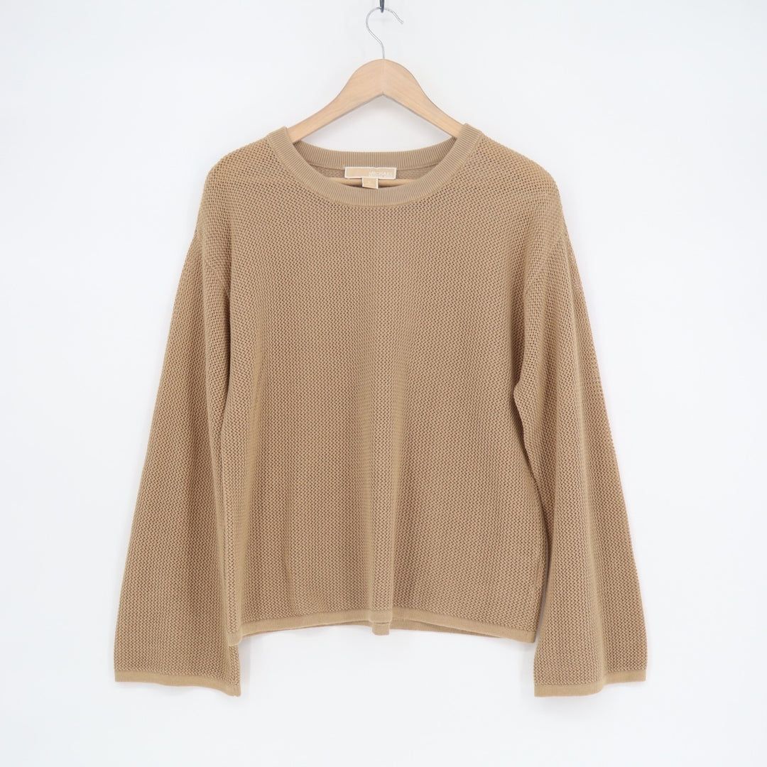 Michael Kors Sweater Womens Medium Brown Open Knit Ribbed Crew Neck Long Sleeve