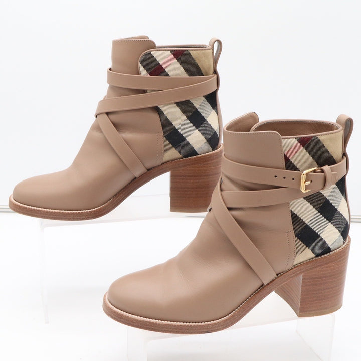 Burberry Pryle Leather House Check Ankle Boots Wheat Tan Block Heel EU 39