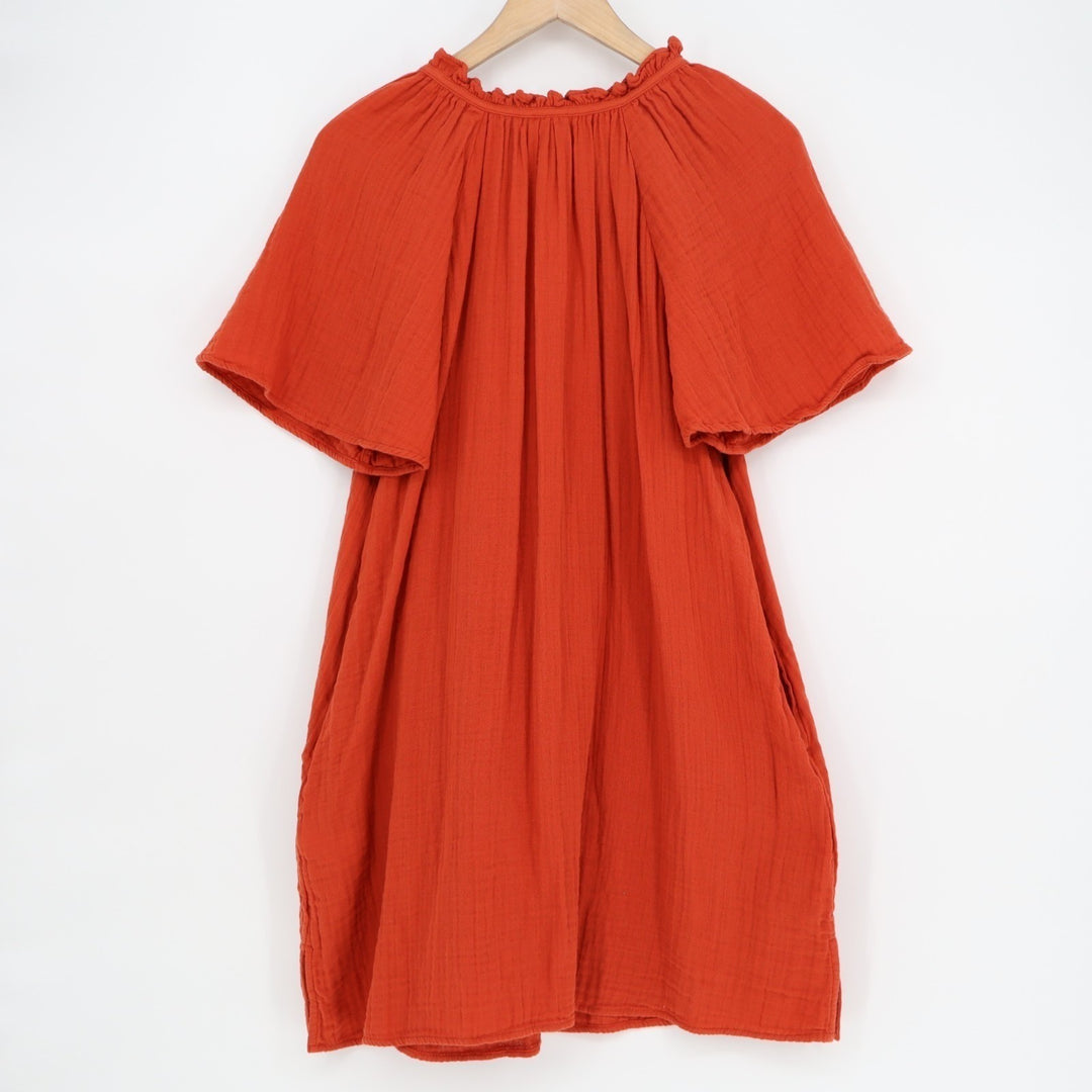 Old Navy Babydoll Dress Womens MP Rust Cotton Pleated Side Pockets Split Neck
