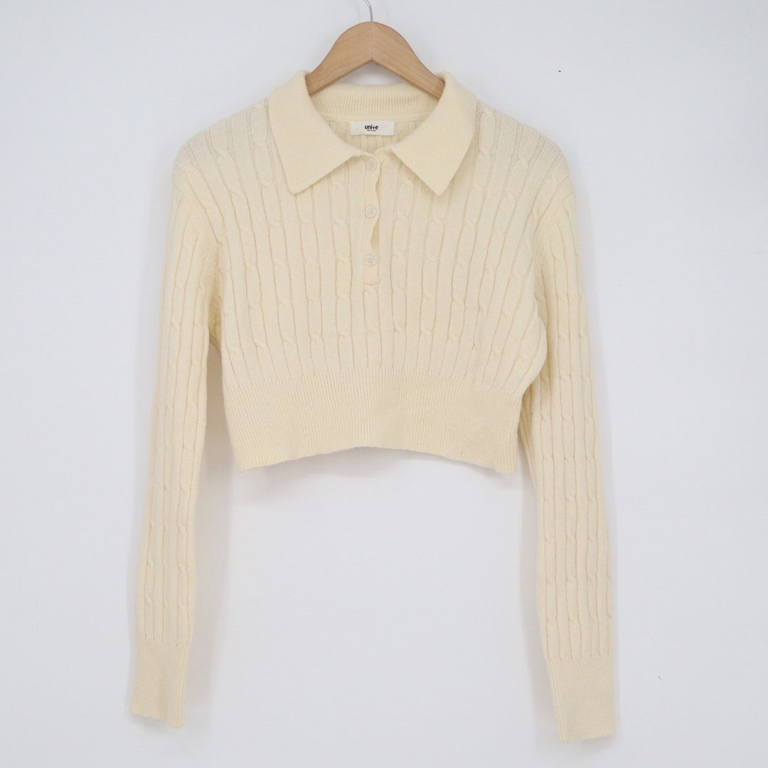 uni+e Cream Cable Knit Cropped Polo Sweater Long Sleeve Cotton Blend Korea