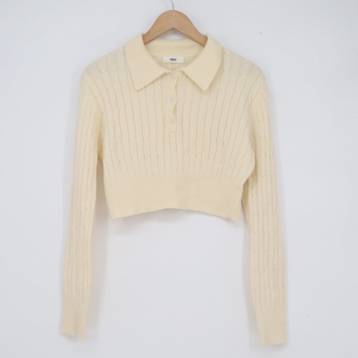 uni+e Cream Cable Knit Cropped Polo Sweater Long Sleeve Cotton Blend Korea