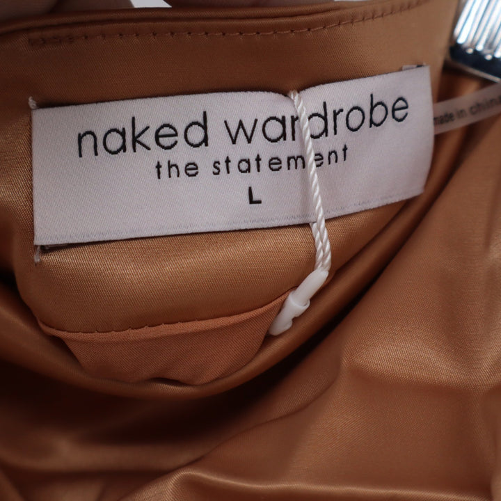 Naked Wardrobe The Statement Ruched Midi Skirt Bronze Satin Large NEW
