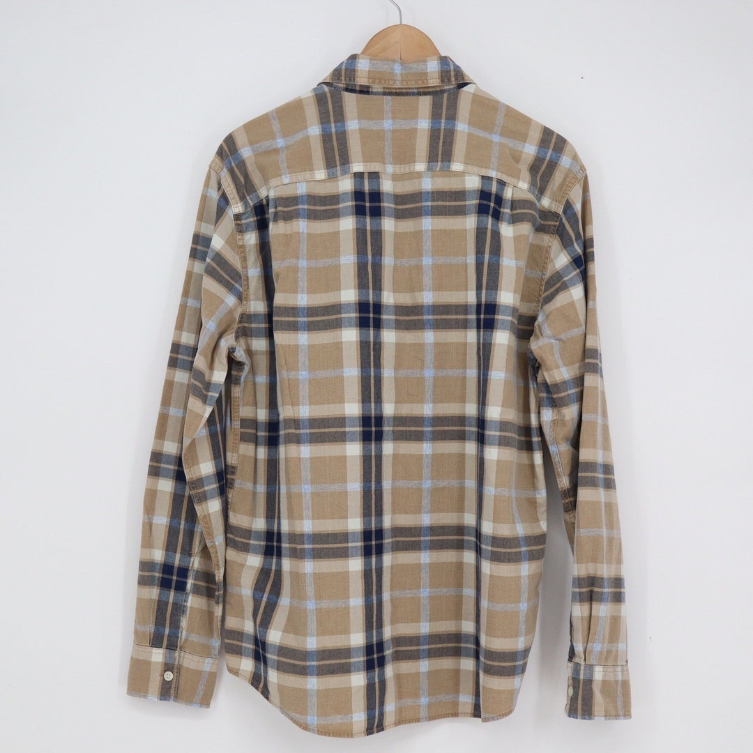 American Eagle Super Soft Plaid Button Down Shirt Mens Medium Tan Navy Blue
