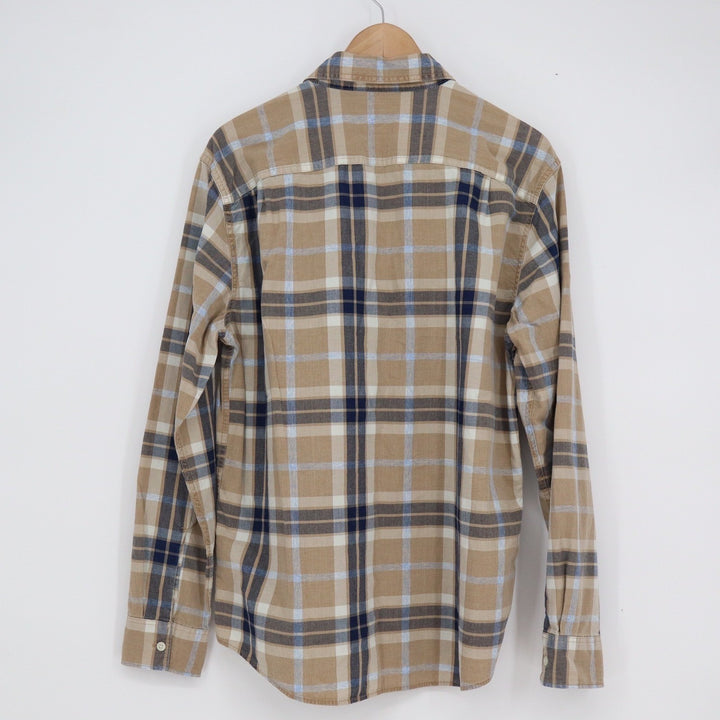 American Eagle Super Soft Plaid Button Down Shirt Mens Medium Tan Navy Blue