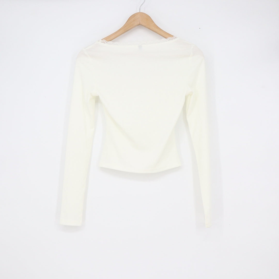 Cream White Ribbed Long Sleeve Lace Trim Bow Square Neck Coquette Top Small