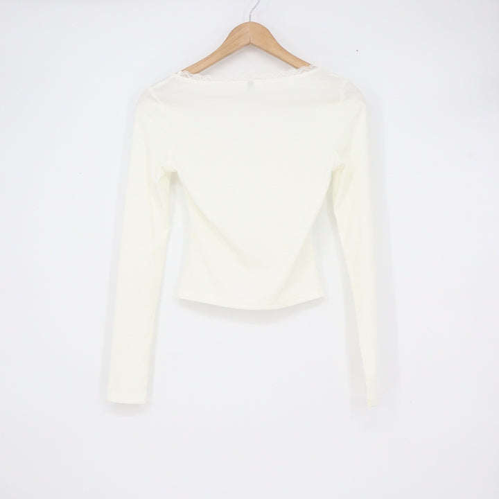 Cream White Ribbed Long Sleeve Lace Trim Bow Square Neck Coquette Top Small