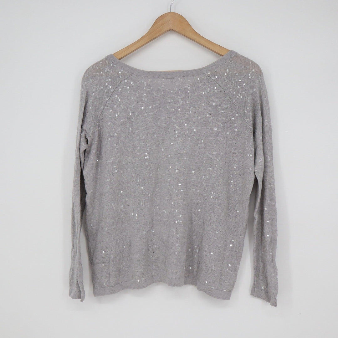 Chan Luu Grey Sequin V-Neck Viscose Knit Raglan Sweater Size L