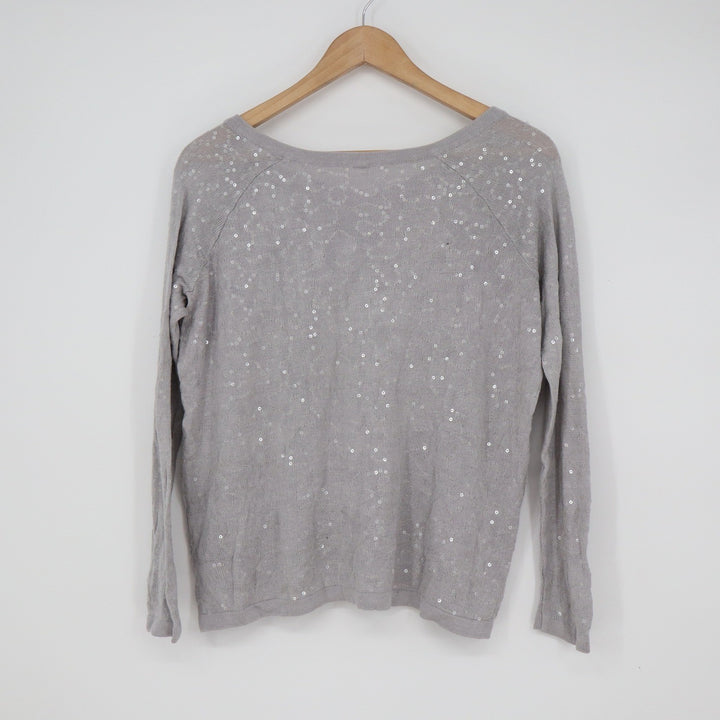 Chan Luu Grey Sequin V-Neck Viscose Knit Raglan Sweater Size L