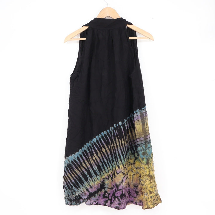 Black Tie Dye Rayon Halter Neck Shift Dress Sleeveless Boho Mini Tunic O/S
