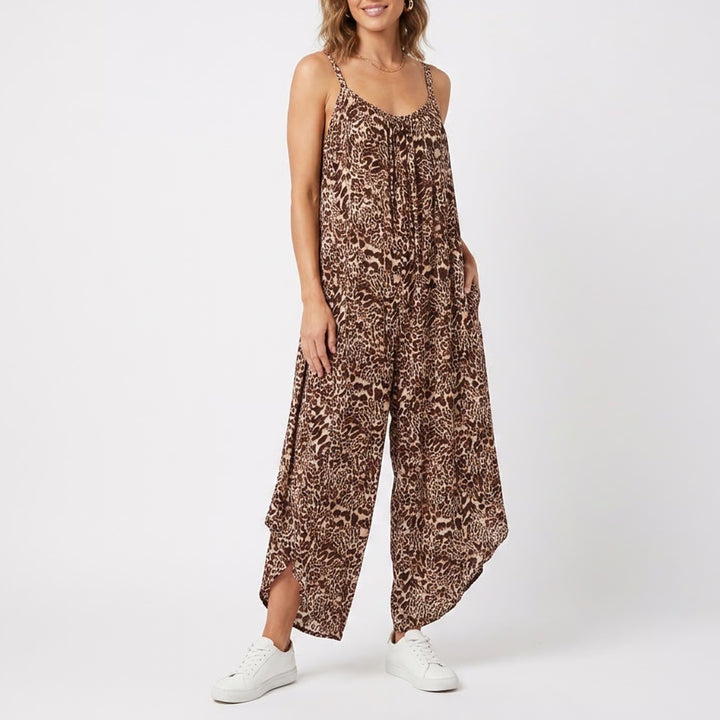 Glamour Brown Leopard Print Hanky Hem Wide Leg Jumpsuit 2X Sleeveless Rayon