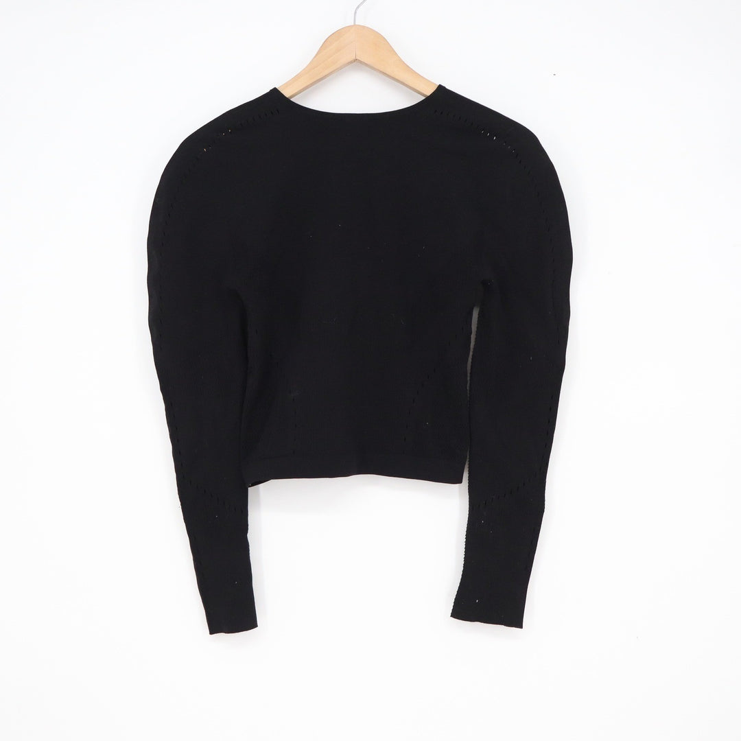 Black Knit Pointelle Long Sleeve Cropped Top Structured Shoulder Mesh Detail M
