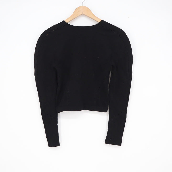 Black Knit Pointelle Long Sleeve Cropped Top Structured Shoulder Mesh Detail M