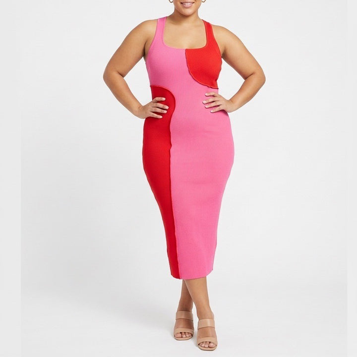 Naked Wardrobe Pink Red Colorblock Ribbed Midi Dress XL Sleeveless