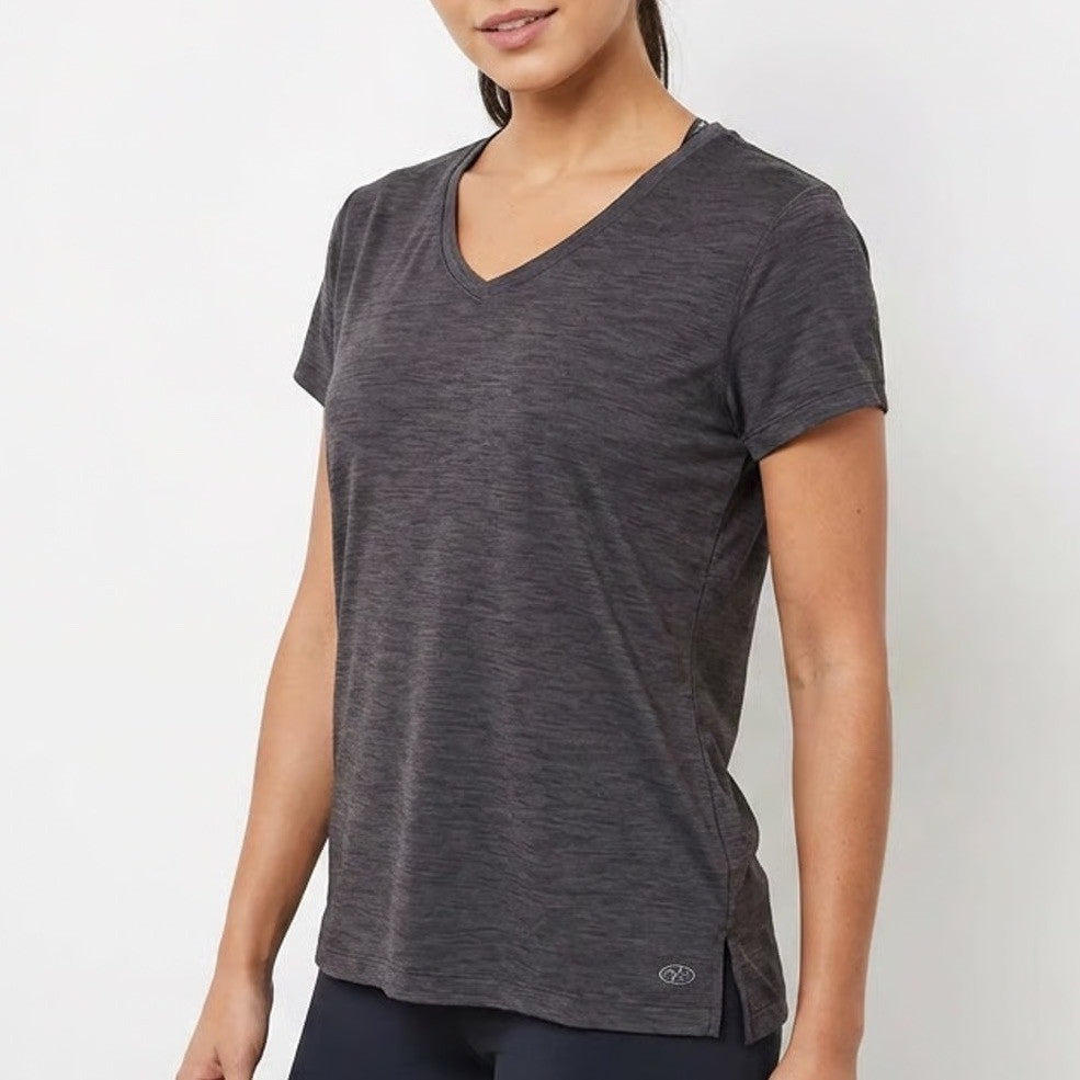 NYL Sport Womens Charcoal Heather Grey V-Neck Short Sleeve Activewear Top Size L