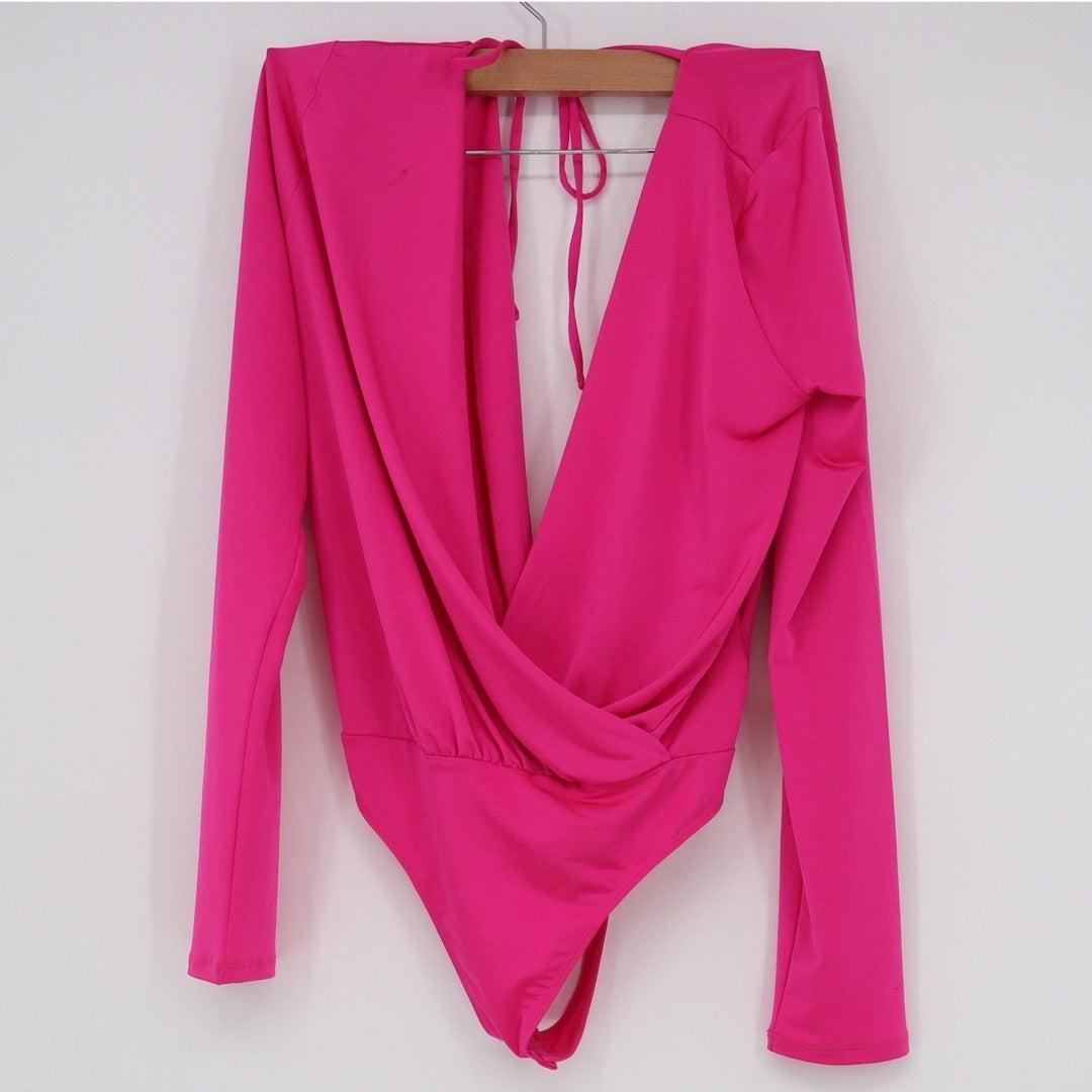Express Hot Pink Deep V-Neck Long Sleeve Wrap Bodysuit Small