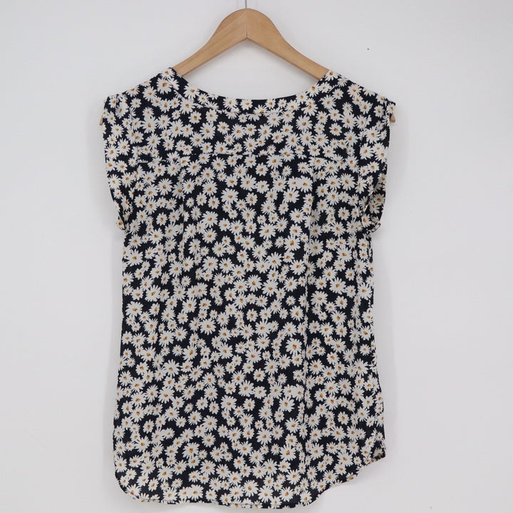 Ann Taylor Factory Petite XS Navy Blue Daisy Floral Sleeveless Blouse Top