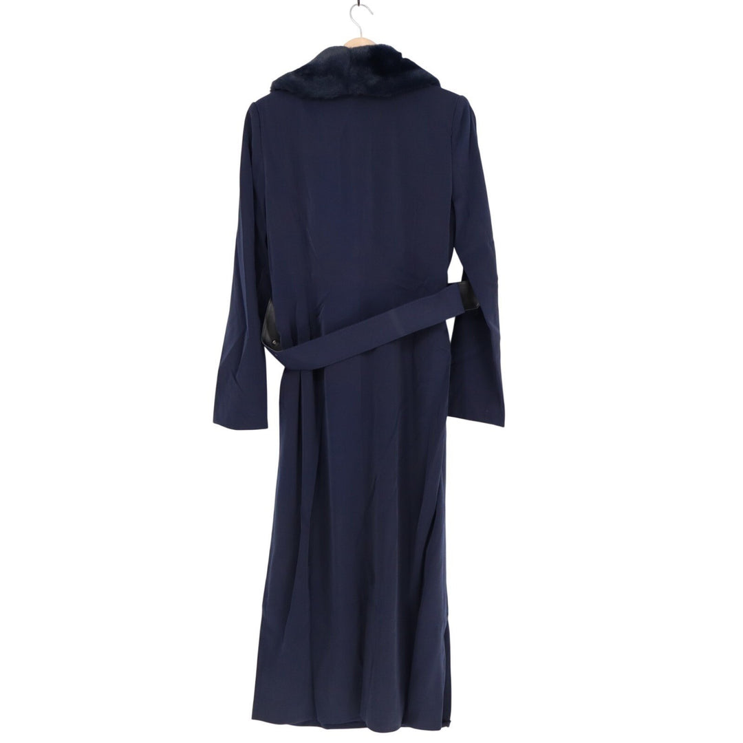 Naked Wardrobe The Statement Trench Coat Womens Large Navy Fur Trim Belted Waist