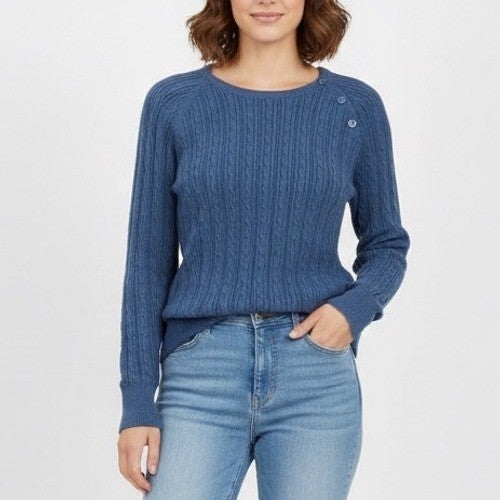 Lands End Sweater Womens XL Blue Cable Knit Cotton Round Neck Shoulder Button