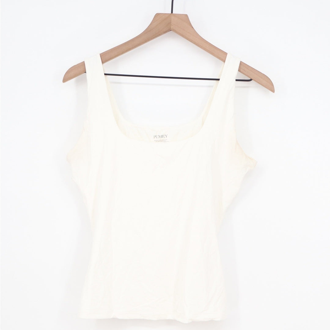 Pumiey Square Neck Tank Top Cream Off White Slim Fit Stretch Size L