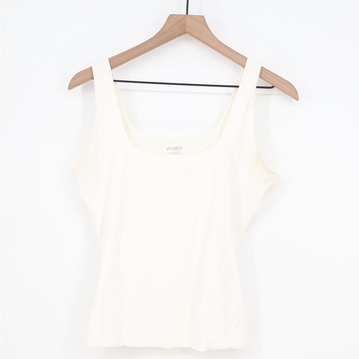 Pumiey Square Neck Tank Top Cream Off White Slim Fit Stretch Size L