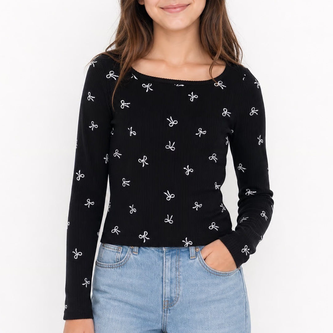 SO Girls XL 14/16 Black Ribbed Long Sleeve Top Silver Glitter Bow Square Neck